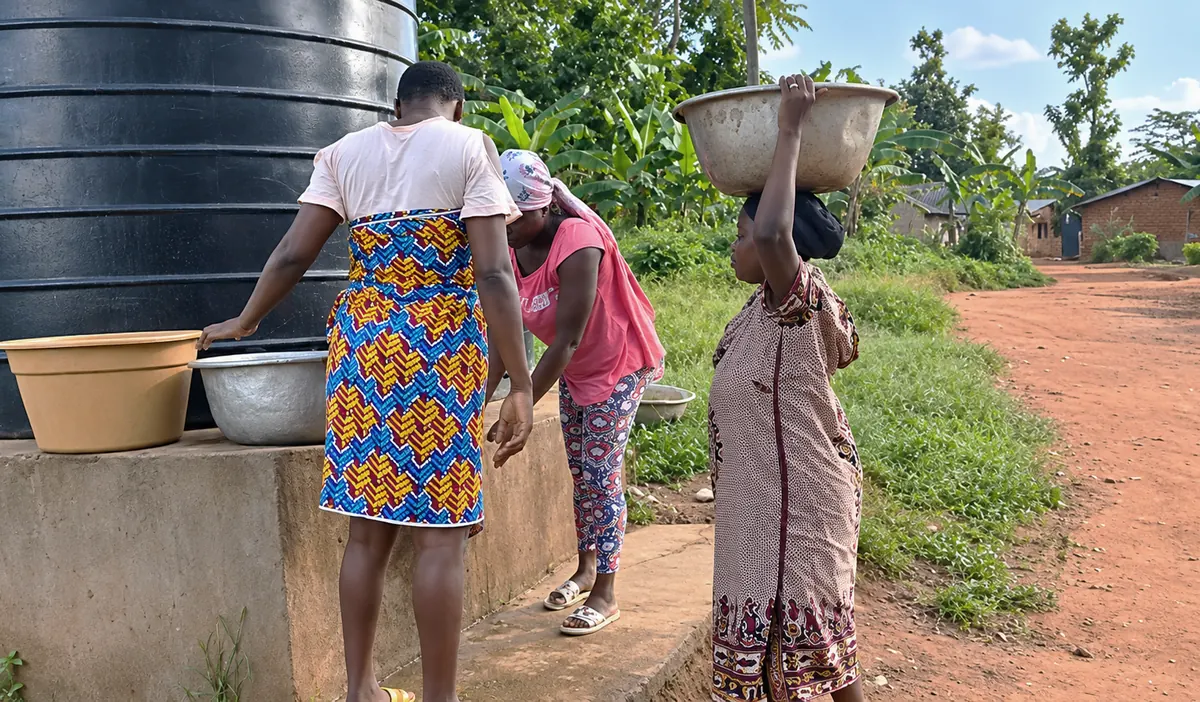 Women collecting water from a new storage tank